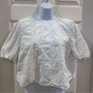 Adrianna Papell White 3D Eyelet Floral Lace Short Sleeve Top Large
